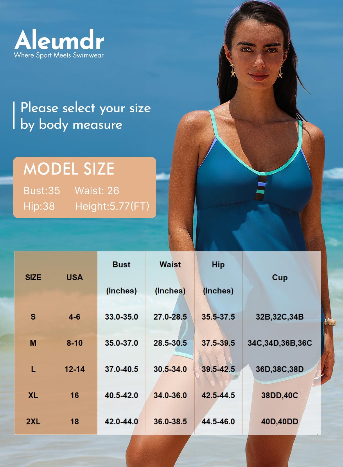 Aleumdr Women Blouson Color Block Tankini Swimsuits Tummy Control Two Piece Bathing Suits with Two Pockets Bottom Swimwear Sail Blue Large
