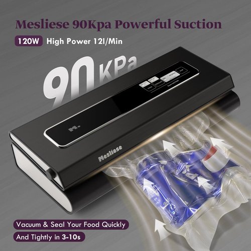 Mesliese Vacuum Sealer Machine 90Kpa 6-in-1 Compact Food Vacuum Sealing Preservation System with Cutter | 2 Bag Rolls | 5 Pre-cut Bags | Dry&Moist Modes | ETL Listed (Gray)