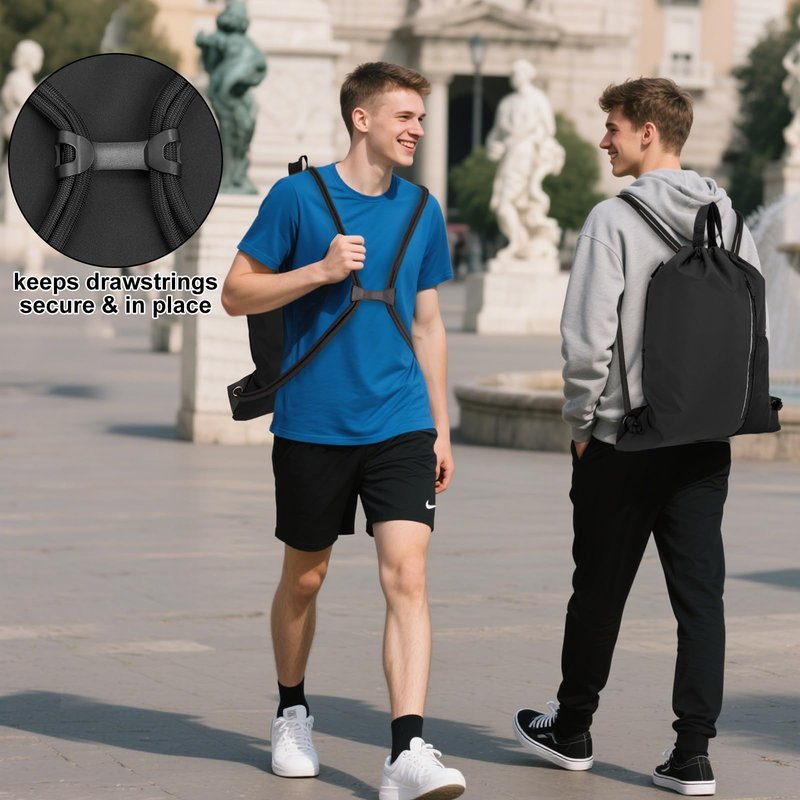 HOLYLUCK Men & Women Outdoor Sport Gym Sack Waterproof Drawstring Backpack Bag (Drawstring With Side Mesh Pocket, Black)