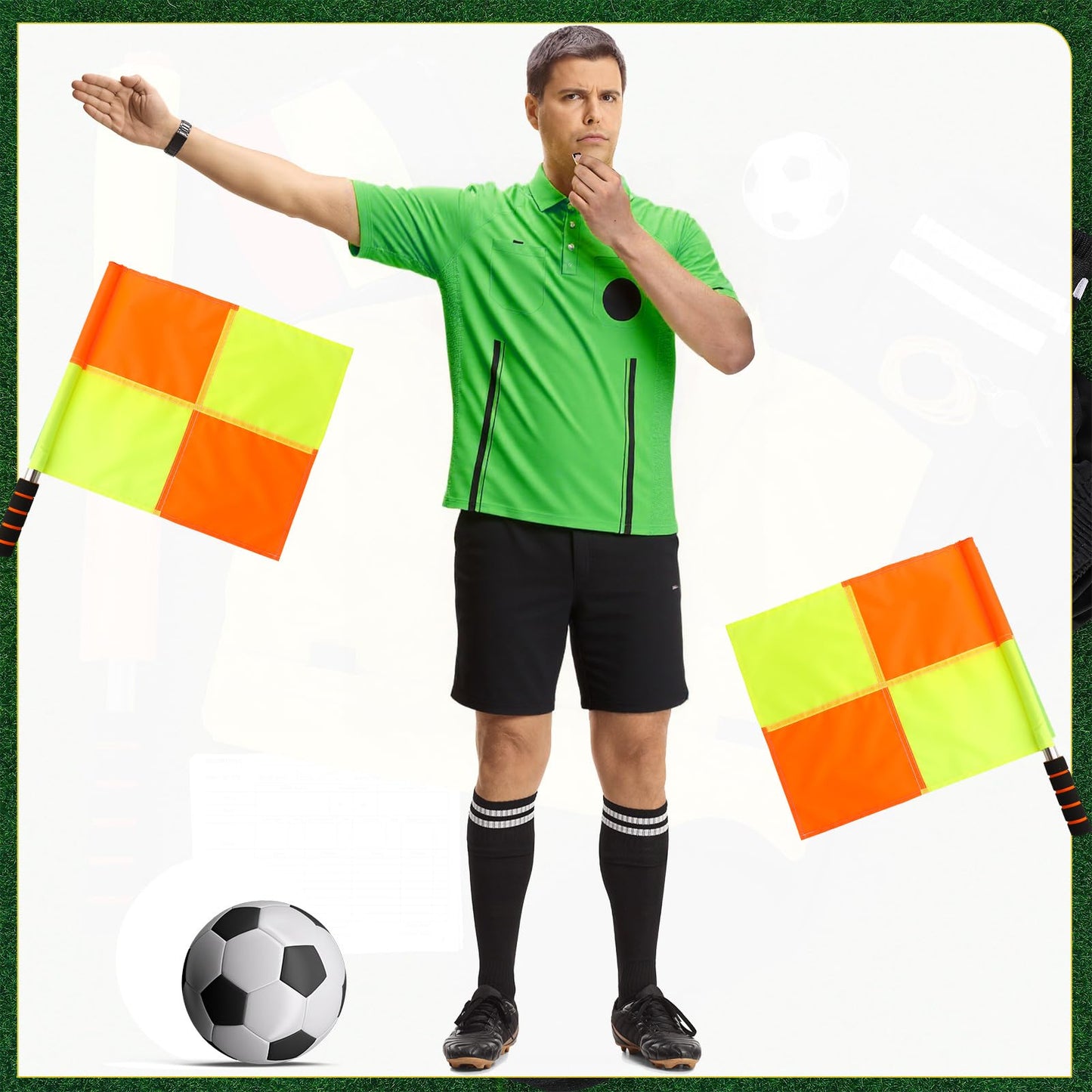 ZhouBoat Soccer Referee Kit, 6 Pcs Soccer Referee Shirt Jersey Umpire Uniform Football Linesman Flags Whistle Soccer Socks Referee Notebook Soccer Referee Costume for Adult Teenager, Green Small