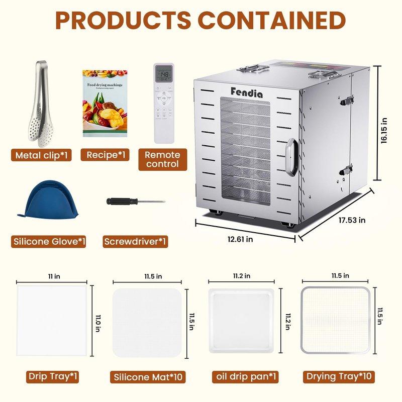 Food Dehydrator for Jerky, Remote Control, Large 10 Stainless Steel Trays, 1000W Fruit Dehydrator, 24H Timer and 194°F Temperature Control, Overheat Protection, Food Dryer for Jerky, Fruit, Dog Treats