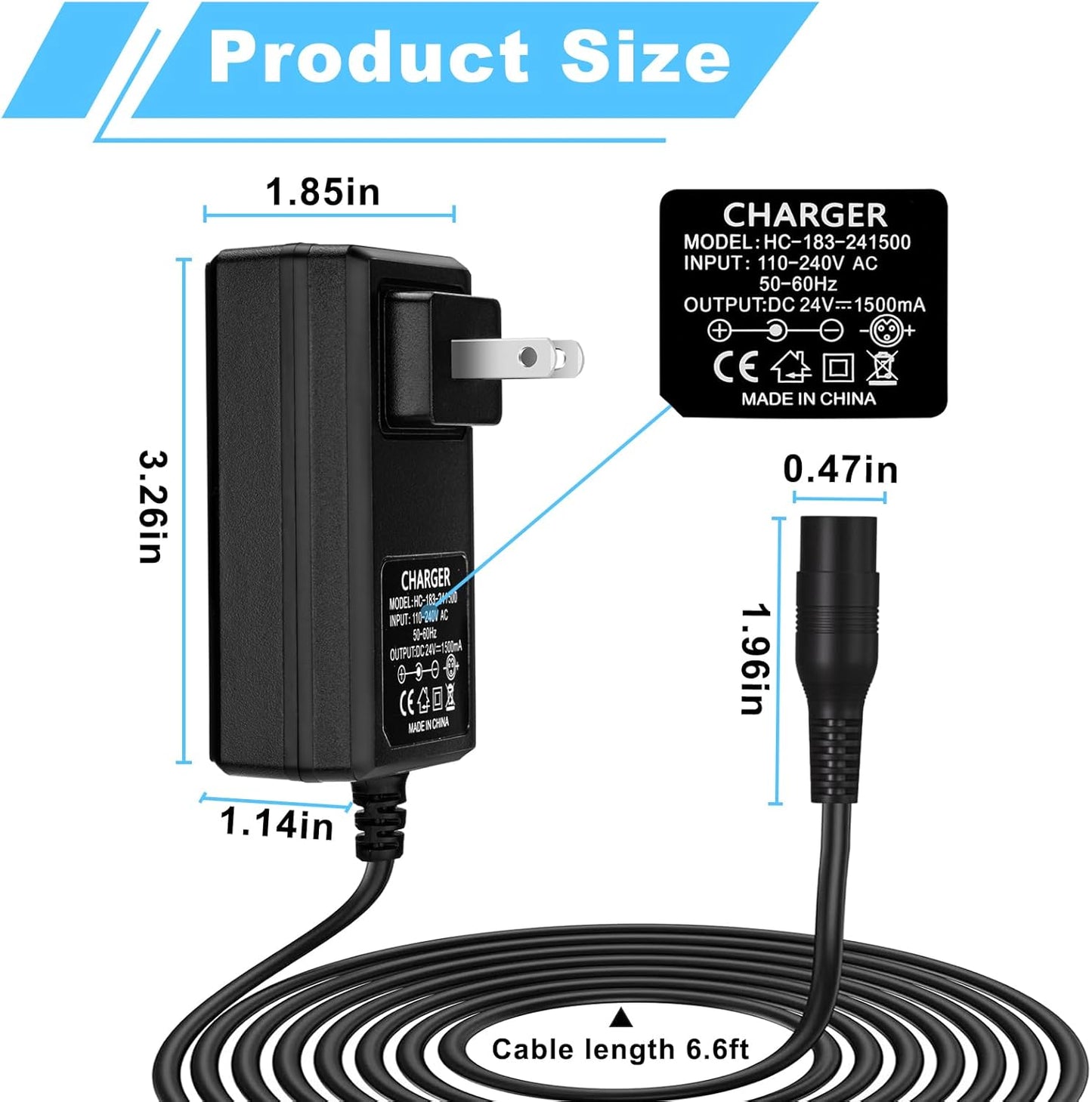 24V Electric Scooter Charger for Razor E300 E200 E150 E125 E100 MX350 Dirt Bike Pocket Mod Sports Mod Dirt Quad Motorcycle Razor Scooter Charger 3-Prong Inline Female Electric Battery Power Cord