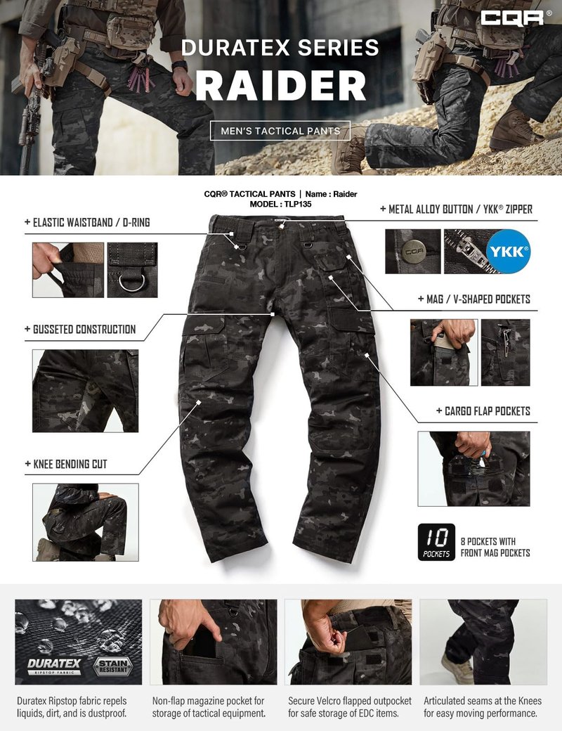 CQR Men's Tactical Pants, Water Resistant Ripstop Cargo Pants, Lightweight EDC Work Hiking Pants, Outdoor Apparel, Duratex Mag Pocket Print Utility Camo Black, 42W x 30L
