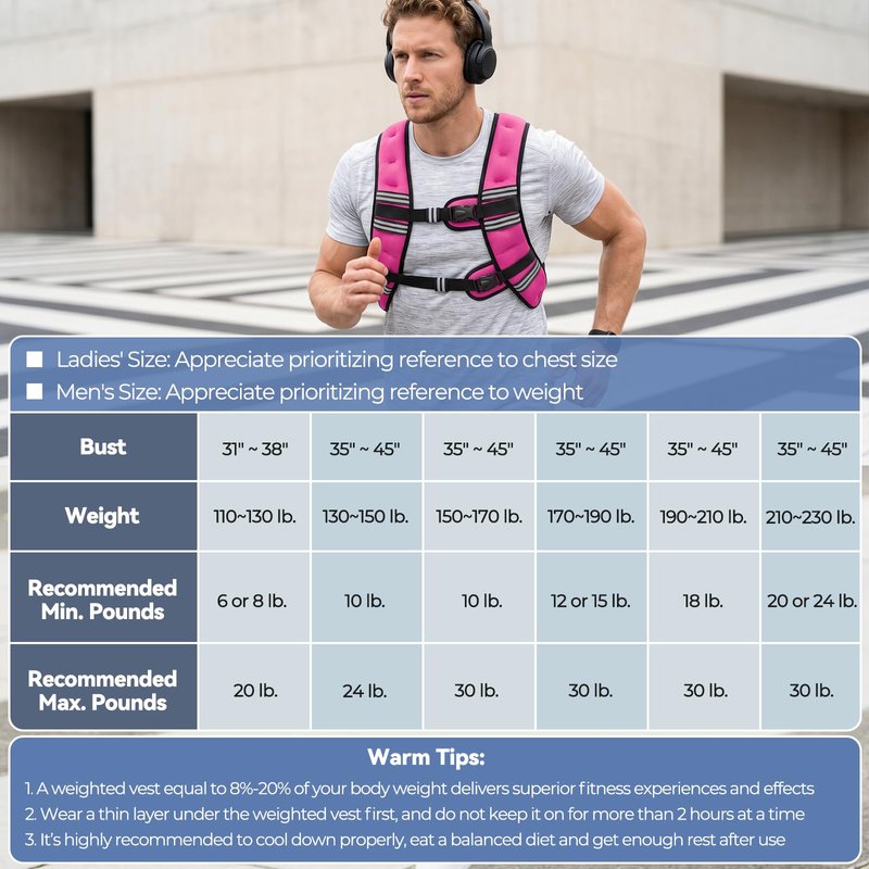 Zeerun Weighted Vest, 6lb/8lb/10lb/12lb/15lb/18lb/20lb/24lb/30lb for Men Women, Reflective Stripe Adjustable Buckle, Comfortable Durable Rucking Vest for Walking Running Strength Training, 30LBS-Pink