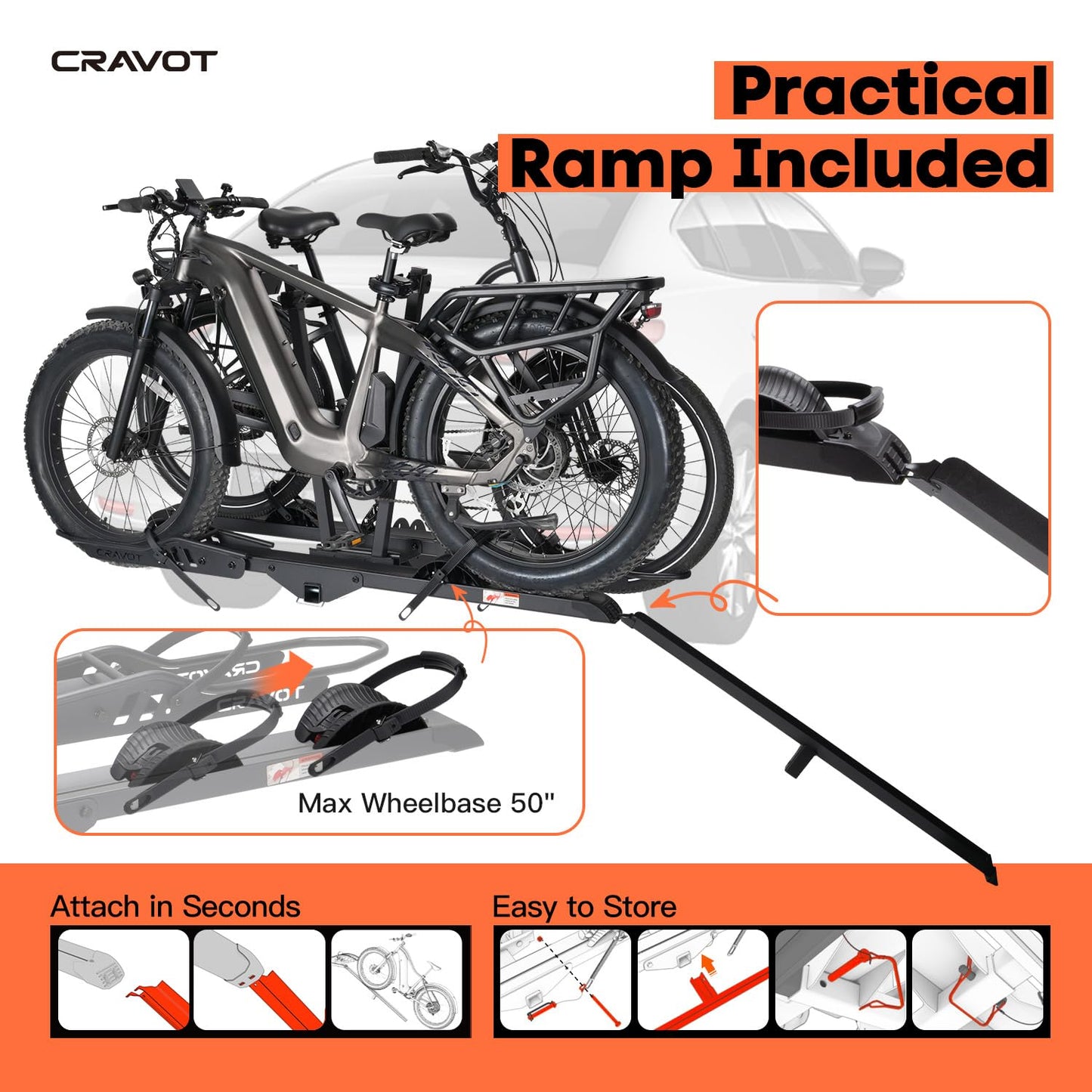 CRAVOT CyberRack E2 Ebike Rack, 200 lbs Capacity Foldable Bike Racks for Tow Hitch Heavy Electric Bike Carrier for 2 E-Bike, Up to 5-inch Fat Tire 2'' Receiver