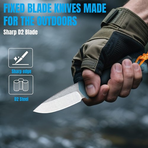 CeoNic Portable Fixed Blade Knife with Kydex Sheath, 2.6" D2 Blade EDC Outdoor Knife with Depth Blue Santoprene Handle (18050)