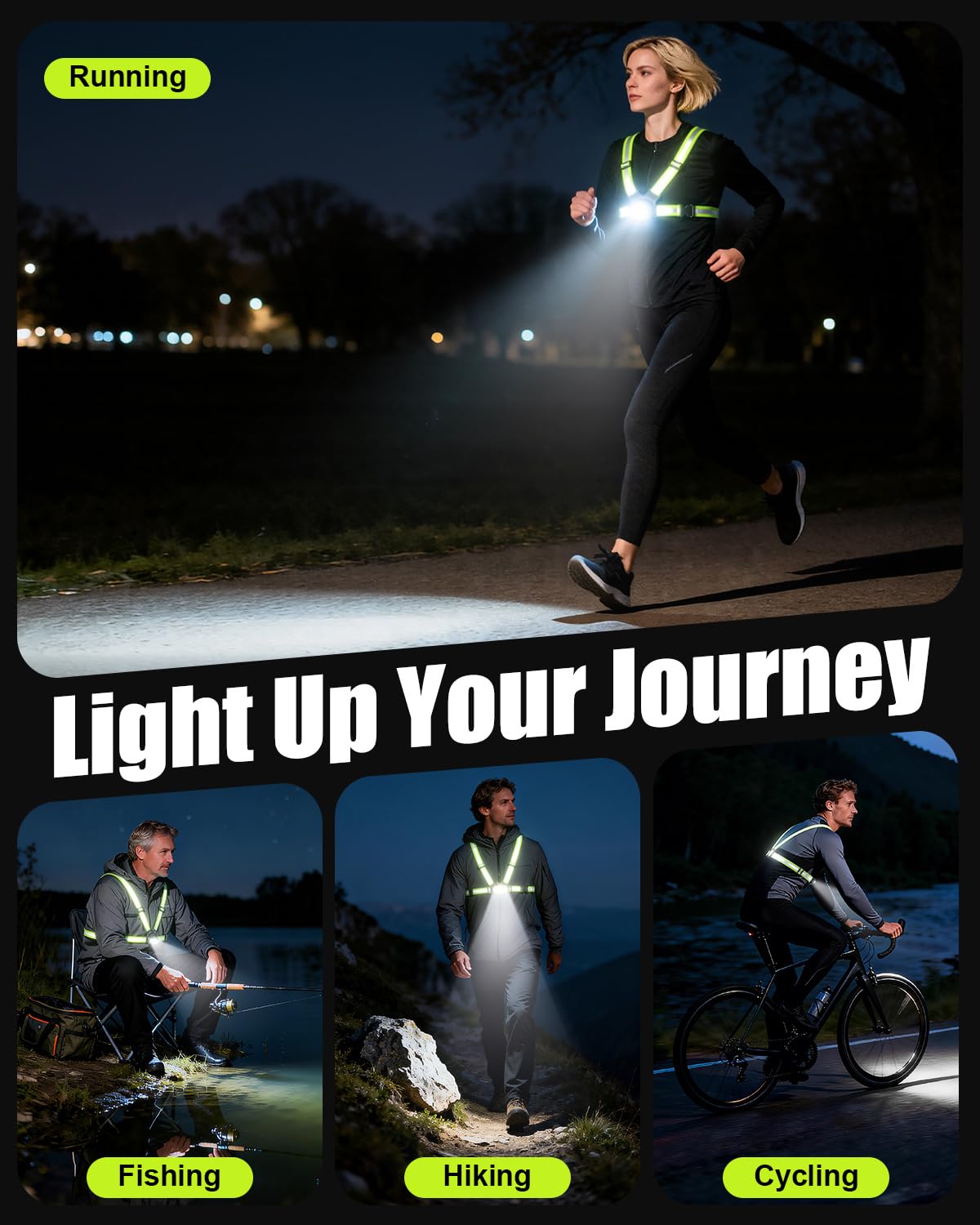 Dawinga Running Lights for Runners, 500 Lumens High-Visibility Running Light with 45° Adjustable Beam & IPX4 Waterproof, Rechargeable Reflective Vest Gear for Night Walking/Jogging, 4-20Hrs Runtime