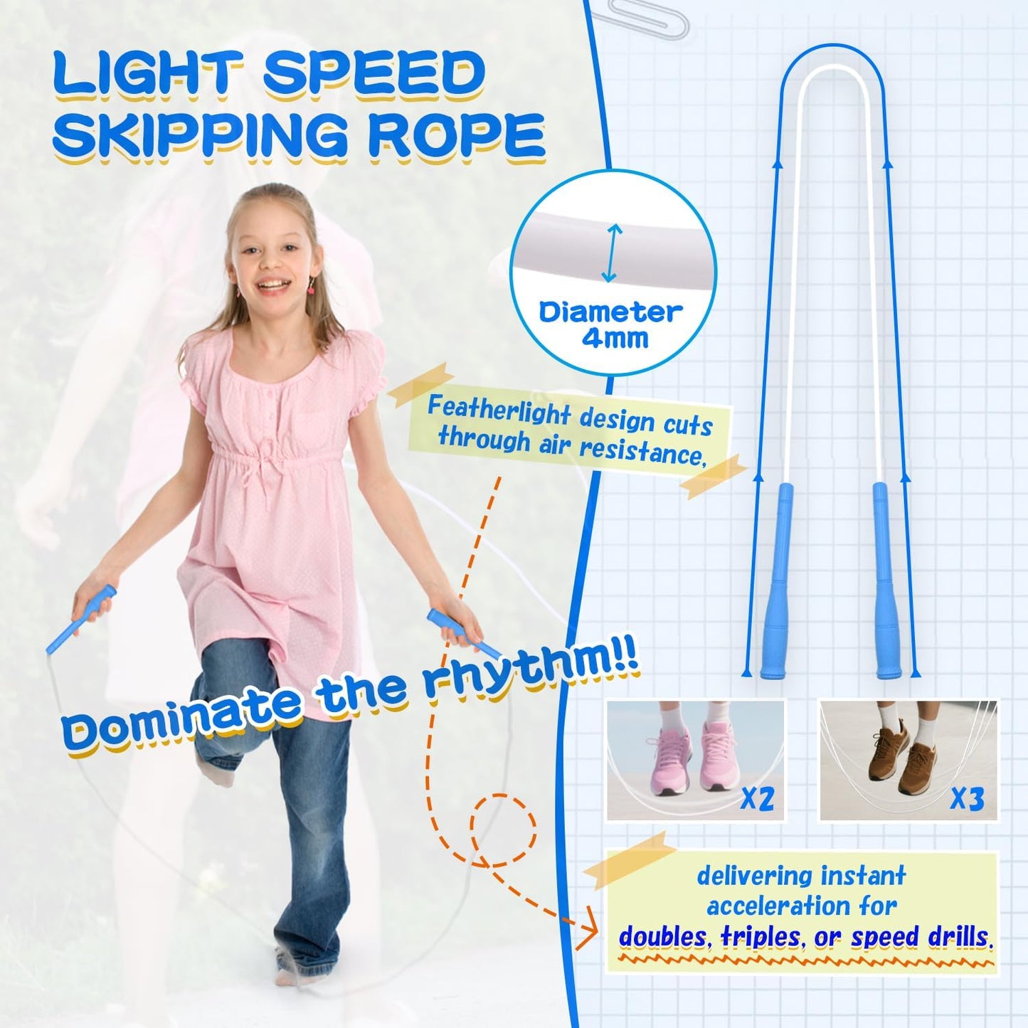 Jump Rope For Kids & Adults,4mm TPU Ropes For Speed Jump Rope,Double Unders, Long Handles & Tangle-Free,9.19FT Adjustable Lightweight Skipping Rope For School,Boys,Girls,Teens,Women,Men,Exercise Activity,Outdoor Fitness
