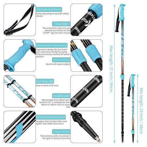 FitTrek Hiking Poles for Kids - Ultralight Nordic Walking Sticks - Telescopic Child Trekking Poles Collapsible 2 Pack Blue