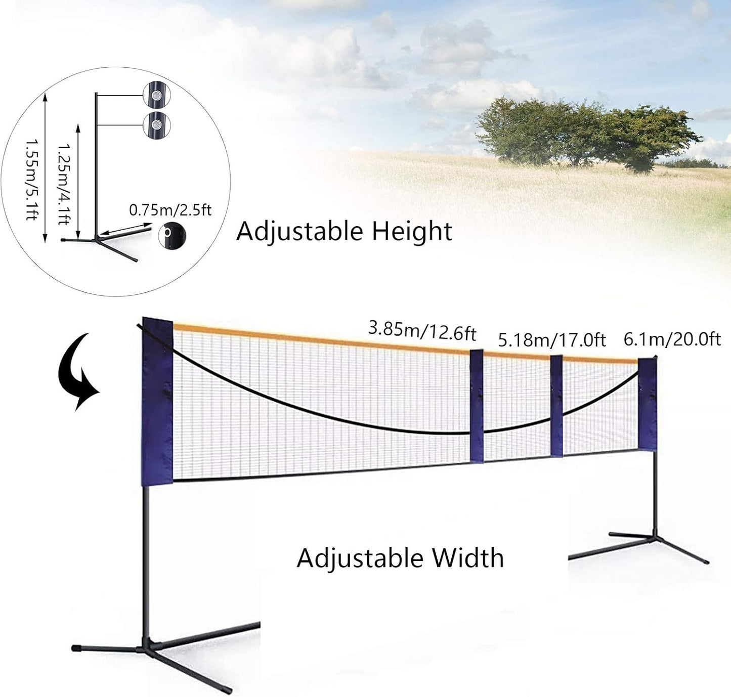 20FT Badminton Net,Portable Tennis Net,Adjustable Height Badminton Net with Stand,Volleyball Training Court Sports Tool with Carry Bag,Easy Setup for Indoor and Outdoor Play