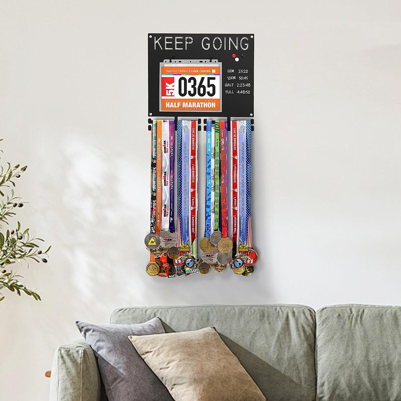 Puretalon Race Medal Display Heavy Duty Iron Bib and Medal Display for Runners Holds 50+ Medals & Race Bibs Marathon Medal Holder Wall Hanger Includes 10 Bib Storage Bags 1 Washable Marker 3 Magnets