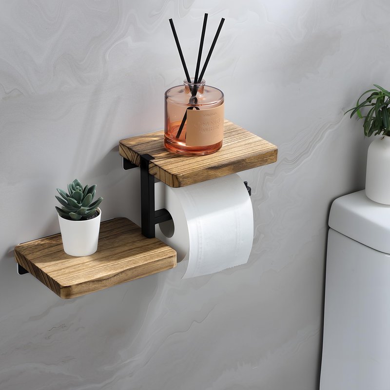 Double Toilet Paper Holder with Shelf, 2 Tier Wood Wall Mounted Adhesive Paper Roll Holder Suitable for Bathroom Accessories Decor Household Home Apartment Restroom Essentials
