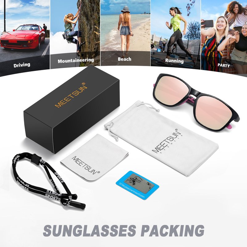 MEETSUN Polarized Sports Sunglasses for Women Men Driving Running Cycling Fishing Sun Glasses UV400 Protection Black Frame-Pink Mirror Lens