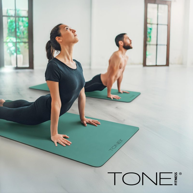 TONE Fitness Yoga Mat 1/4" Thick Non Slip Exercise & Pilates Mat for Home Workouts with Carrying Strap | V Pattern | Black/Teal