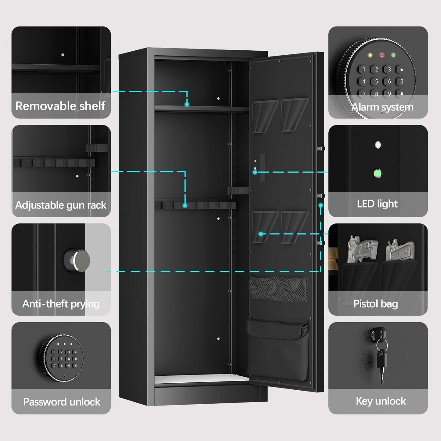 10-15 Gun Safe, Rifle Gun Safe with Removable Shelf, Locking Gun Cabinet for Rifles and Shotguns with Digital Kaypad, Shotgun Safe with Pistol Bags and Bullet Rack