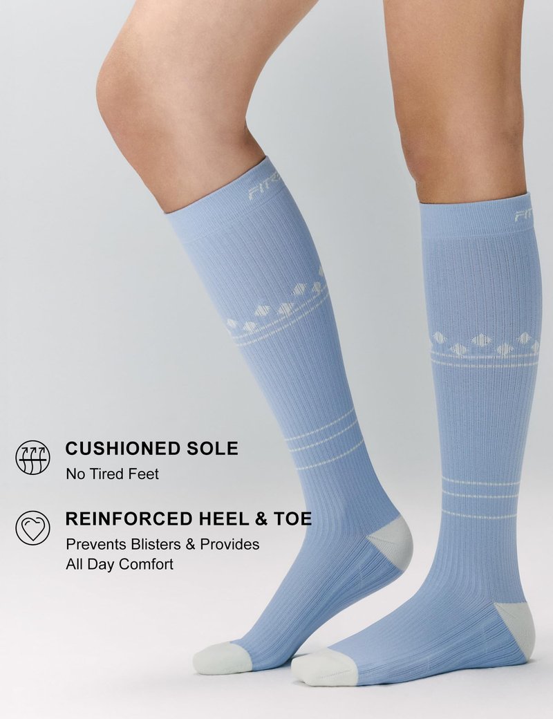 FITRELL 3 Pairs Compression Socks for Women and Men 20-30mmHg Support Socks for Travel, Running, Nurse, Knee High, Diamond Clear Days, Light Blue+White, S/M
