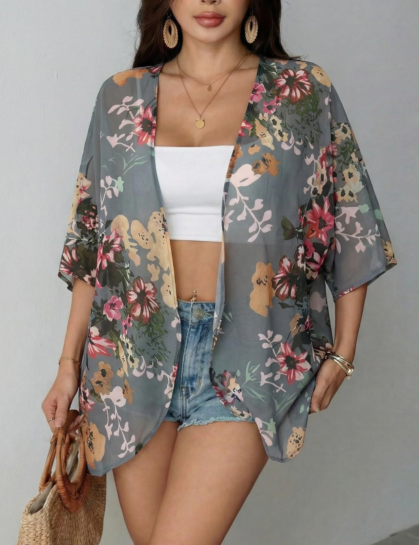 Chunoy Women Short Sleeve Chiffon Kimono Beach Swimsuit Cover Up