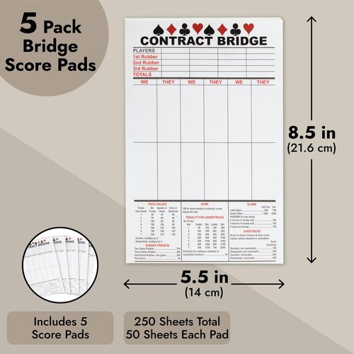 BEST PAPER GREETINGS 250 Sheets Contract Bridge Score Pads and Tallies - Game Scoring Cards Supplies - Large Print with Trick Values - 5 Bridge Score Pads with Scoring Rules
