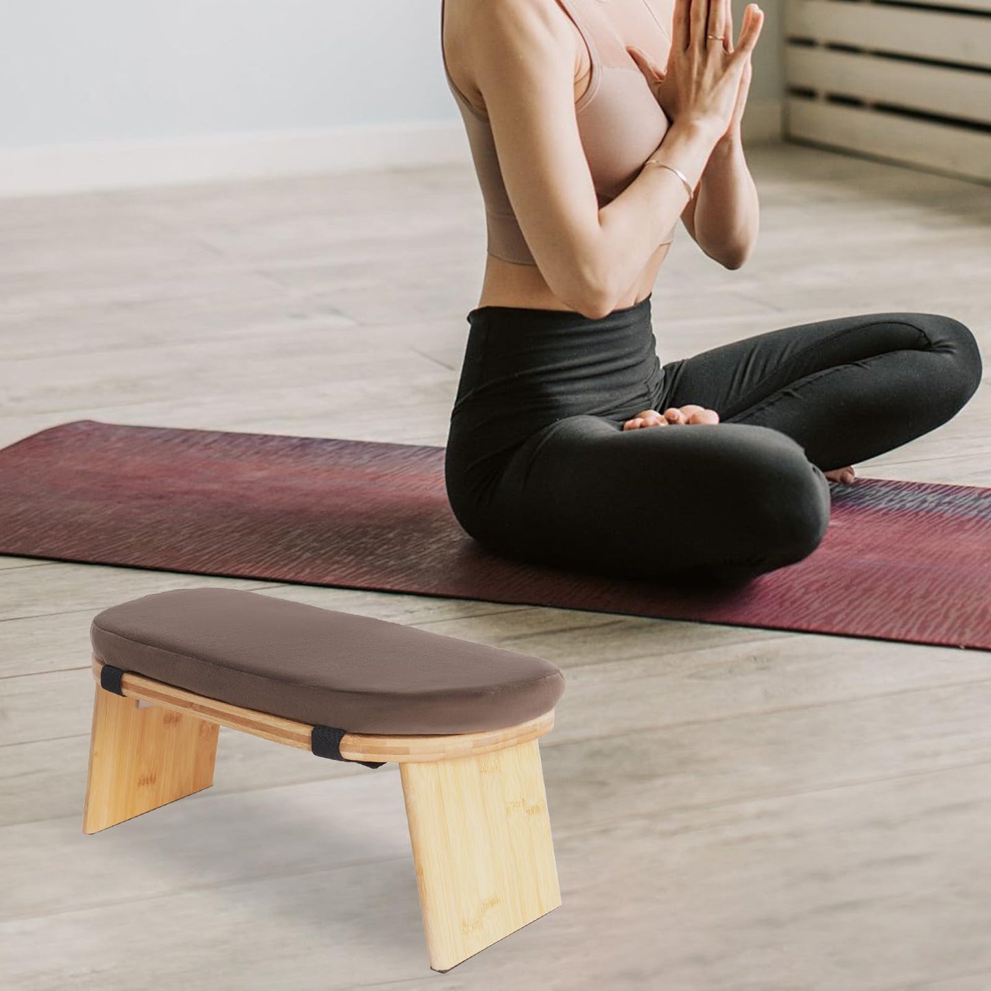KeruRome Meditation Bench Folding Bamboo Meditation Stool with Velvet Cushion & Carry Bag, Travel Meditations Seat, Comfortable Folding Kneeling Stool Chair for Mindfulness, Zen Practice Coffee