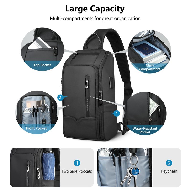 HEROIC KNIGHT Crossbody Sling Bag for Men, Waterproof Sling Crossbody Backpack with USB Charging Port, Anti Theft Chest Shoulder Hiking Bags Daypack for Commute, Work, Sport, Travel - Black
