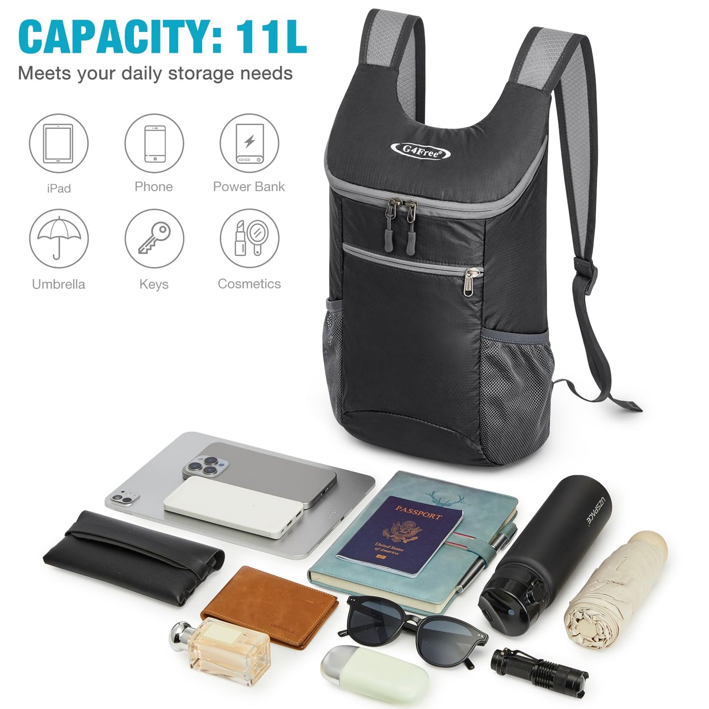 G4Free 10L Lightweight Packable Hiking Backpack, Nylon Daypack Daily Travel