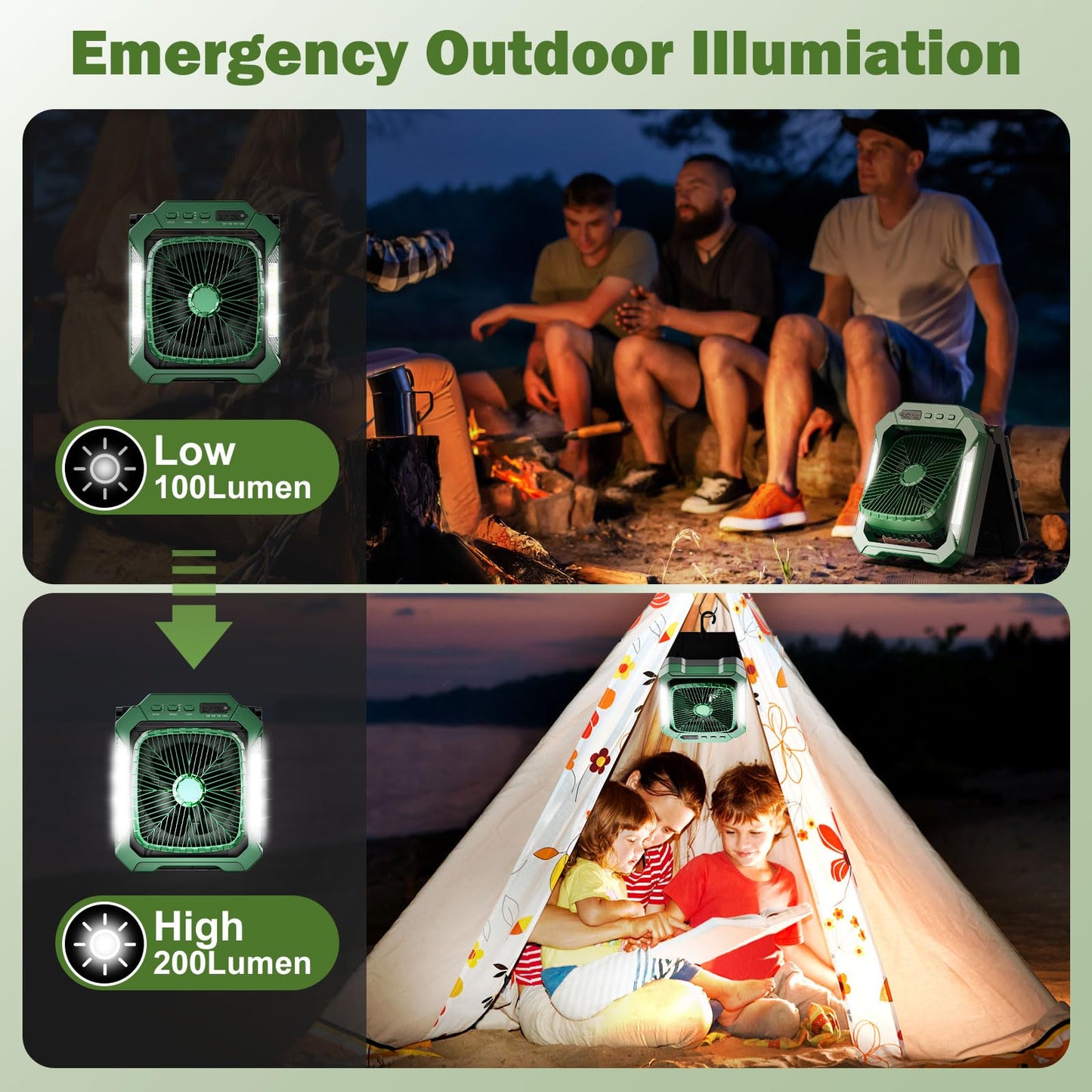 26800mAh Solar Battery Camping Fan, 3 Speeds Portable Fan with 18W Detachable Solar Panel, Rechargeable Desk Fan with LED Light & Timing Function, Outdoor Hurricane Tent Power Bank for Home Office