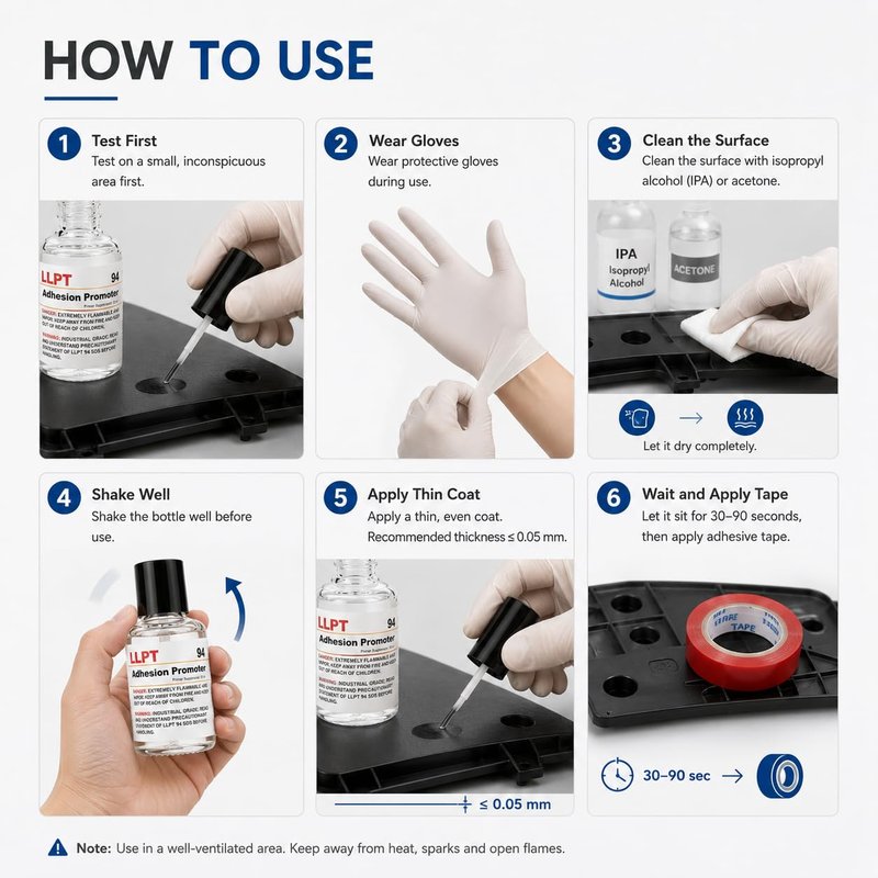 LLPT 94 Adhesion Promoter 10ml Bottle Primer with 10 Dry Wipes for Automotive & DIY, Enhances Bonding for Acrylic Double Sided Mounting Tape, Fast-Drying, Brush-On, Suitable for Plastic Metal Glass