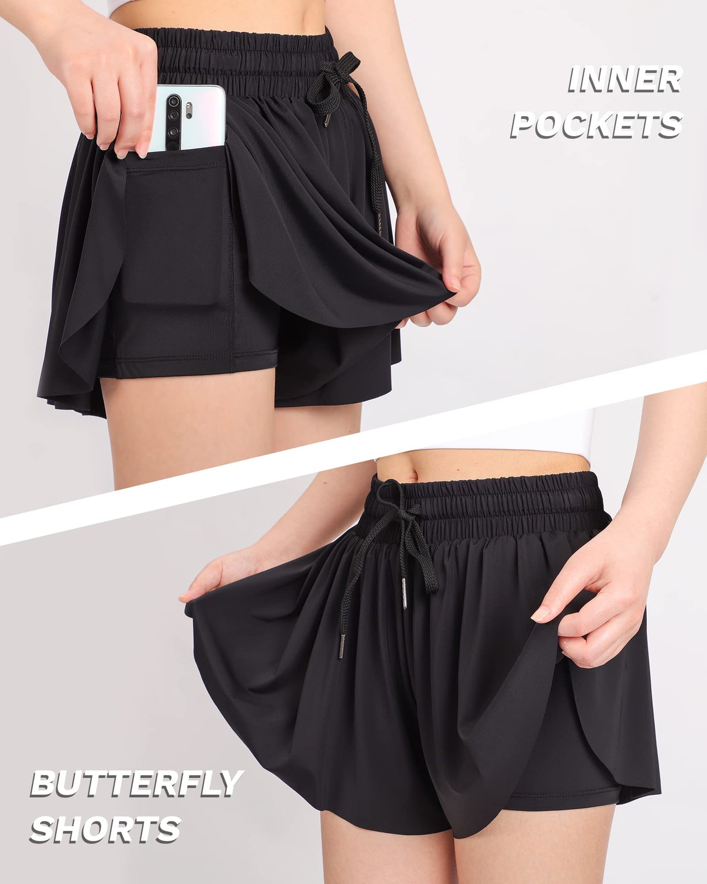 JOCMIC Girls Flowy Shorts, 2 in 1 Preppy Butterfly Shorts with Spandex Liner for Cheer Athletic Gym Teens Casual Clothes Black 10 Years