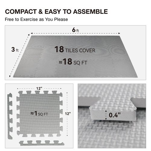 AIRHOP 18 Tiles Gym Floor Mat, EVA Foam Puzzle Gym Mat, High-Density Interlocking Foam Floor Tiles for Home Gym, Play Workout Garage Kitchen Flooring
