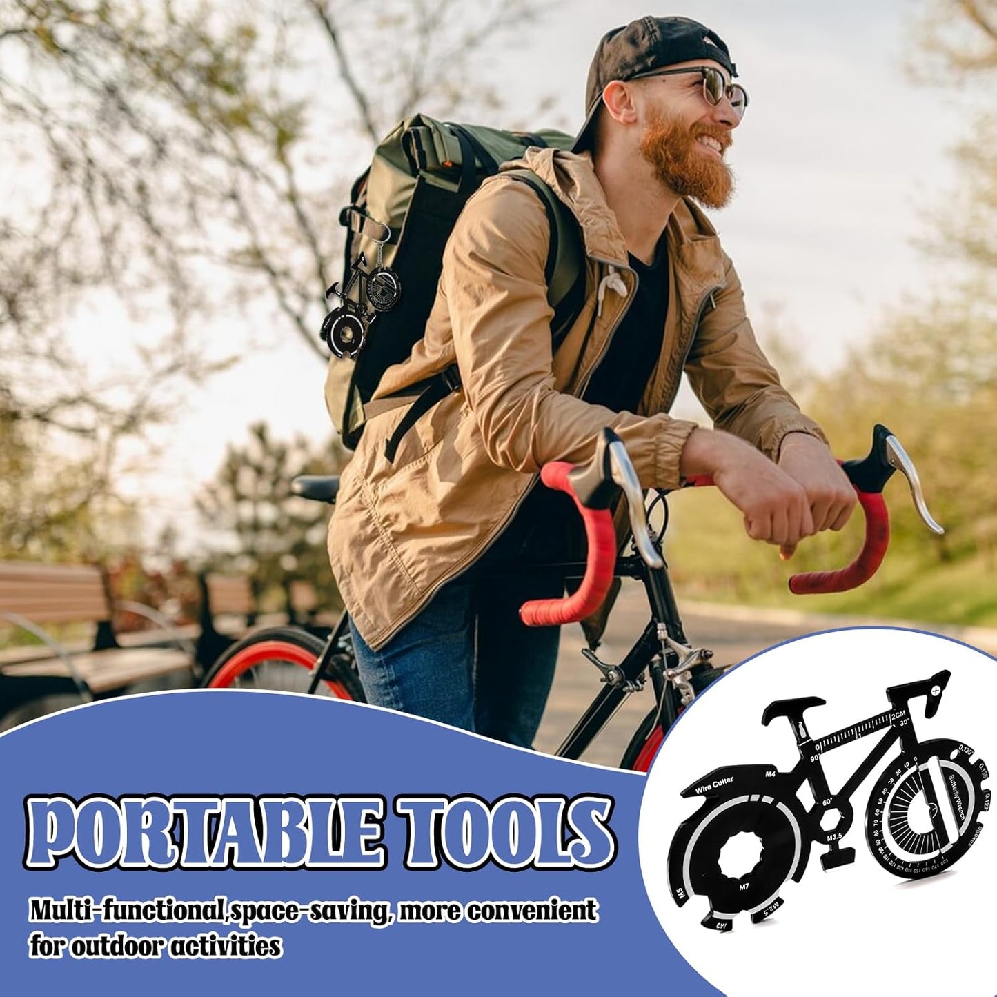 20 in 1 Bicycle Shaped Keychain Multitool Card - Pocket Multi-Tool for Bike Lover Men Key Chain gift for Dad Husband Birthday Father's Day - Black Stainless Steel