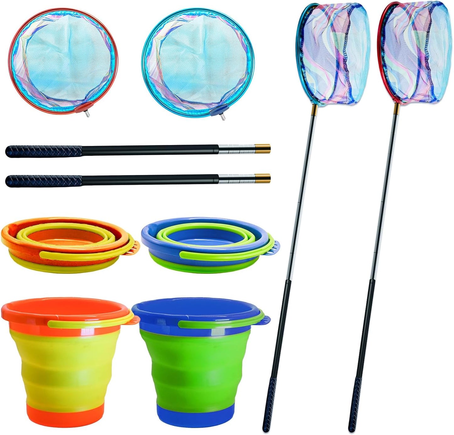 2PCS Kids Fishing Nets with Bucket - Telescoping Handle Retractable Landing Net Lightweight Aluminum Pole for Catch and Release Frog, Minnow, Butterfly, Crab, Beach and Creek Outdoor