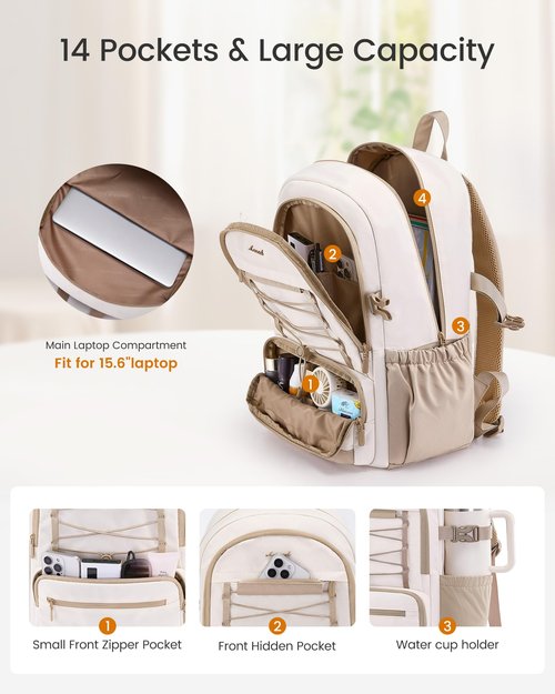 LOVEVOOK School Backpack for Teen Girls, Large Capacity College Student Backpacks with Water Bottle Holder, Cute Laptop Backpack Purse for Women, Lightweight Casual Travel Backpack, Beige-green