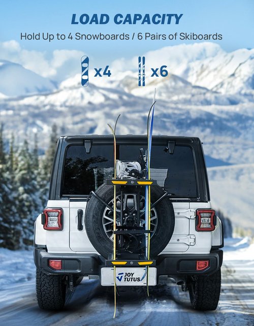 JOYTUTUS Spare Tire Ski Snowboard Rack with Security Lock Folding for Wrangler Gladiator Bronco SUV, Max Load 6 Pairs of Skis or 4 Snowboards, Fit 31.5"-32.5" Spare Tire