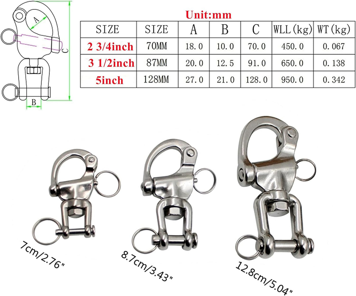 2Pcs Marine Swivel Snap Shackle, 316 Stainless Steel Quick Release Diving Clips Swivel Snap Hook for Sailboat Spinnaker Halyard Yacht