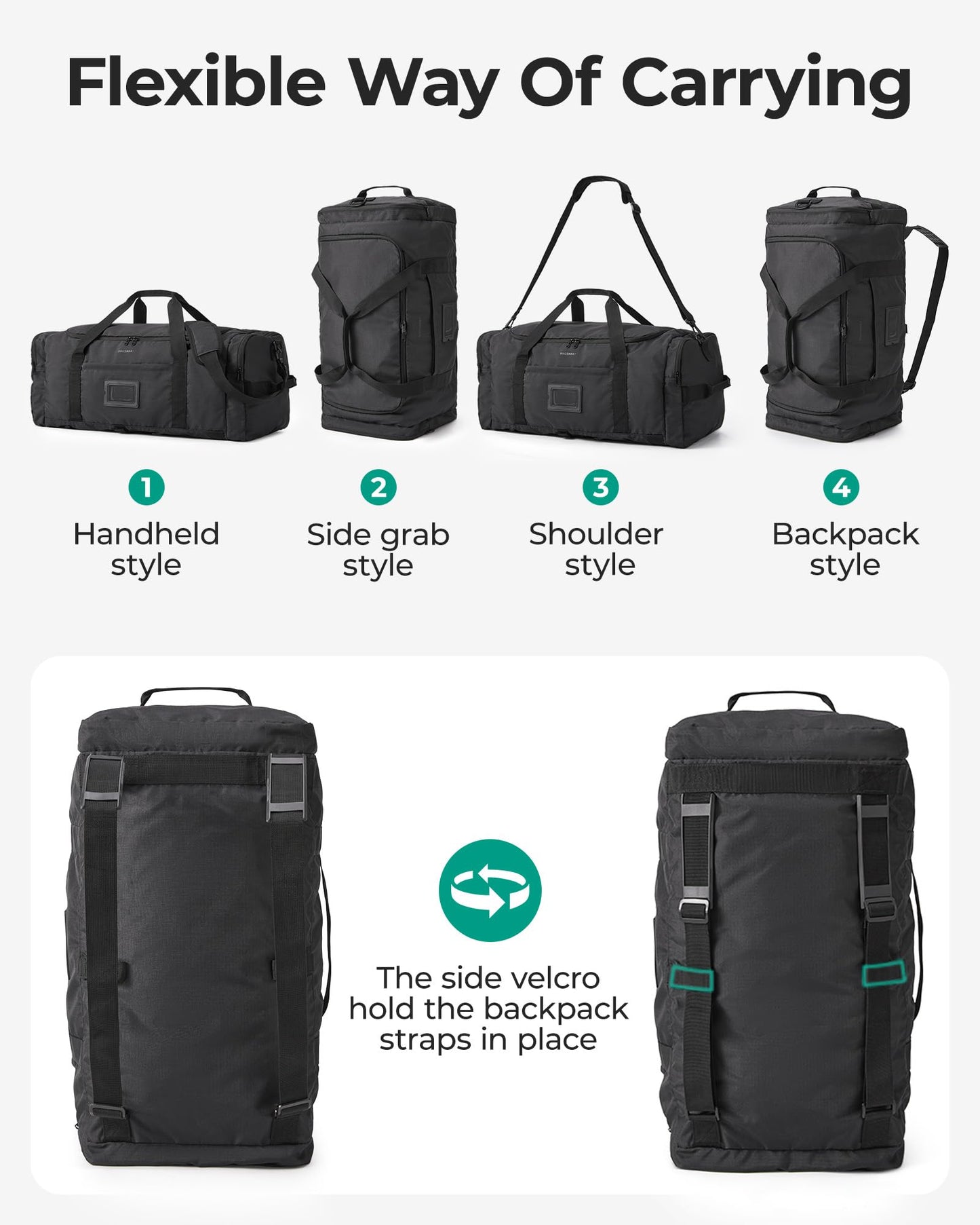 BAGSAMRT 60L Foldable Duffle Bag for Travel, Large Travel Duffel Bag for Men, 4 in 1 Travel Backpack, Carry on Weekender Bag, Gray