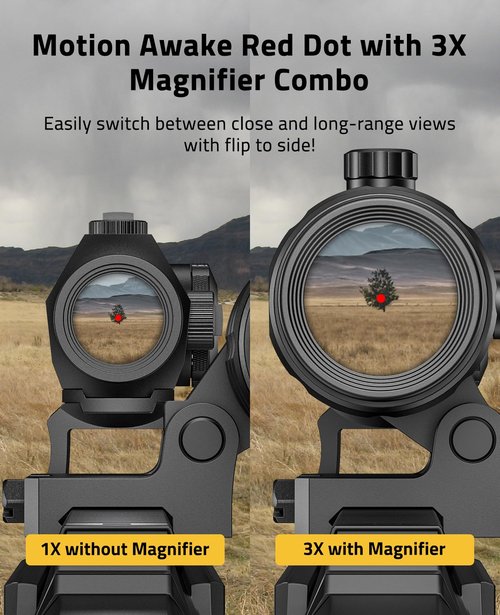 CVLIFE JackalHowl Red Dot Sight & 3X Magnifier Combo Set, 2 MOA Motion Awake Red Dot Optics and Flip-to-Side Magnifier Kit, Absolute Co-Witness Mount
