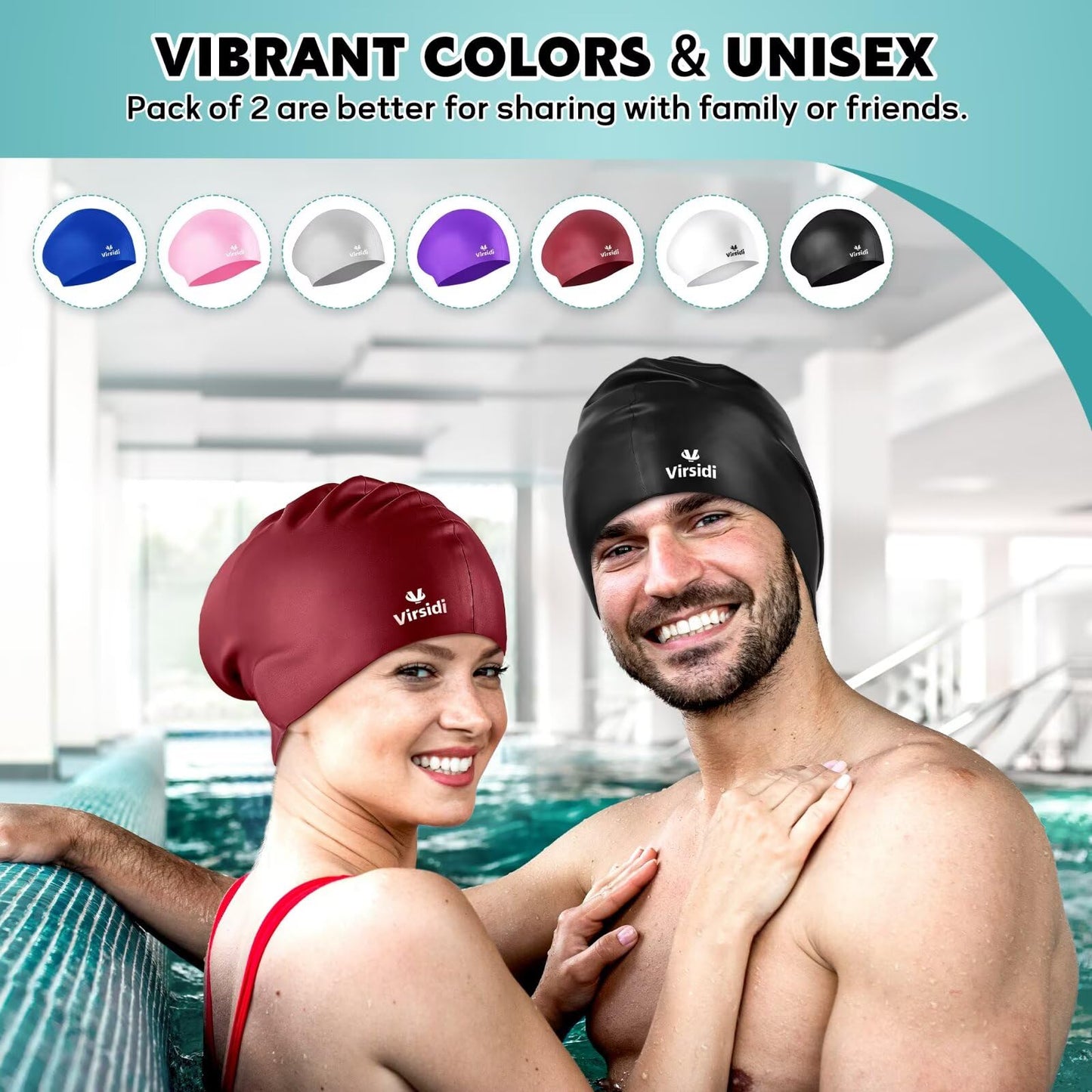 2 Pack Swim Cap for Women Men Adult, Silicone Swimming Caps for Short Long Hair, Waterproof Swim Hats Bathing Caps to Keep Hair Dry with Nose Clip and Earplugs (Black&Rose)