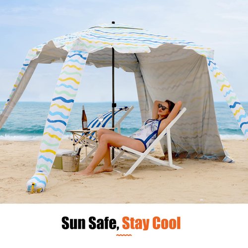 Beach Cabana - 6FT Beach Umbrella with UPF 100+ UV Protection & Sunshade Curtain - Waterproof Tent - Portable Shade, Easy to Set Up, Perfect for Family & Friends (Color Stripes)