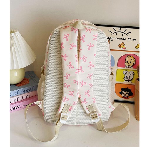 Pink Bow Backpack for Girls, 2025 Trendy Nylon Rucksack Cute Kawaii Preppy Backpack 3 Pcs Set With Bow Pattern (Pink)