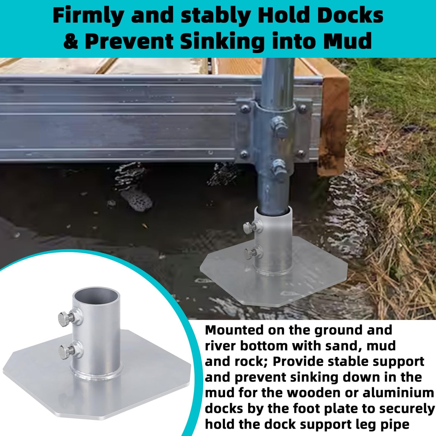 2 Pack Stationary Dock Bottom Pad,Stationary Dock Base Plate,Floating Dock Brackets Hardware for Foot Post Pipe Pole Leg,Support and Hold Docks & Prevent Sinking into Mud