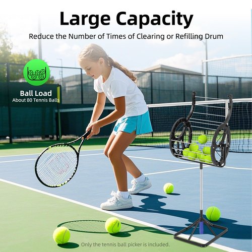 AGULIUM Tennis Ball Hopper, 80 Balls Capacity, Height Adjustable Tennis Ball Picker Upper, Rolling Collector Basket for Tennis Coaches and Players