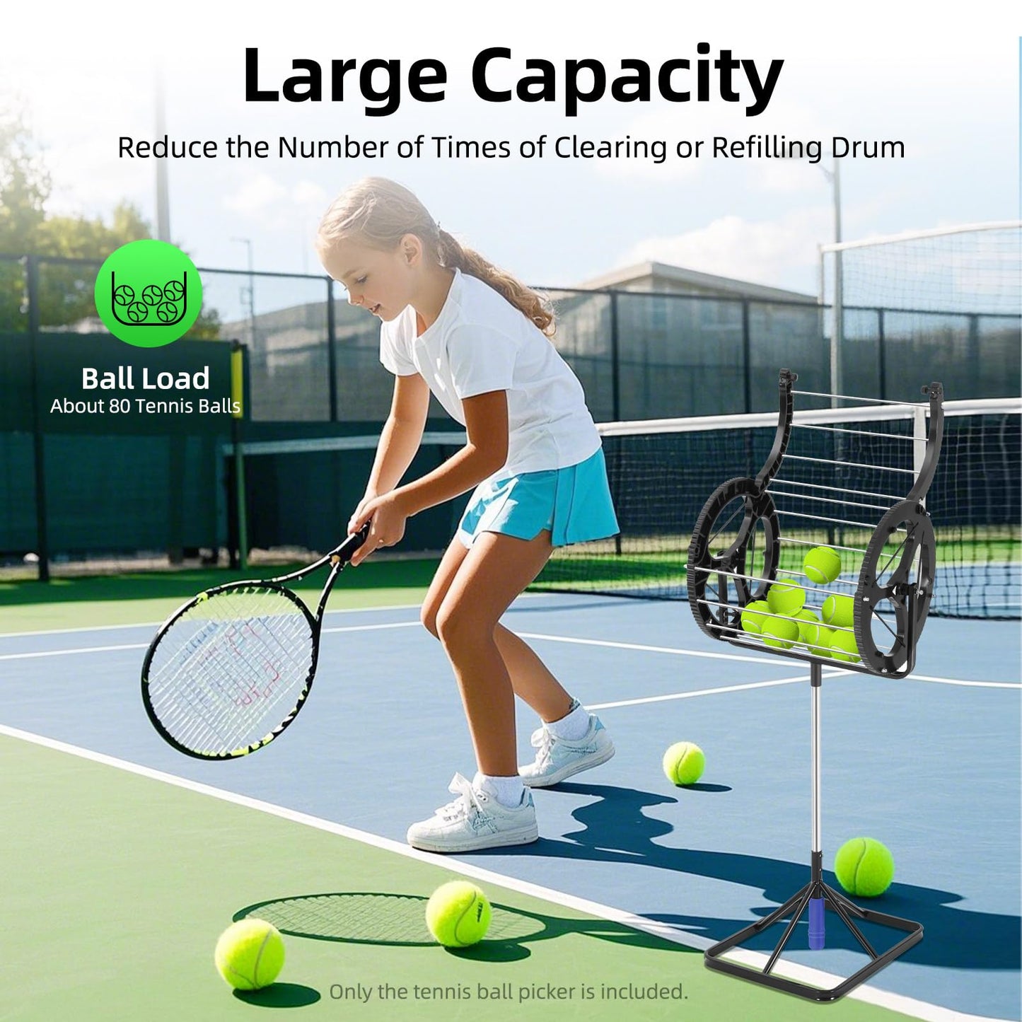 KeruRome Tennis Ball Hopper 80 Balls Automatic Collector Tennis Ball Retrievers Rolling Collector Basket Holder Roller Pickup Hopper Portable Ball Collectors for Picking and Storage Balls