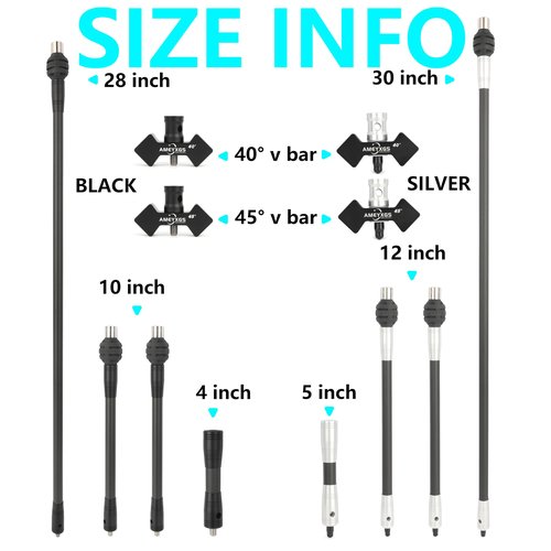 AMEYXGS Archery Bow Stabilizer Set 4/5/10/12/28/30 inch 3k Carbon Bow Balance Bar with Stabilizer Rubber and Weights for Recurve Bow and Compound Bow (45° V bar, Black, 1x 30 inch,2X 12inch,1x 5inch)