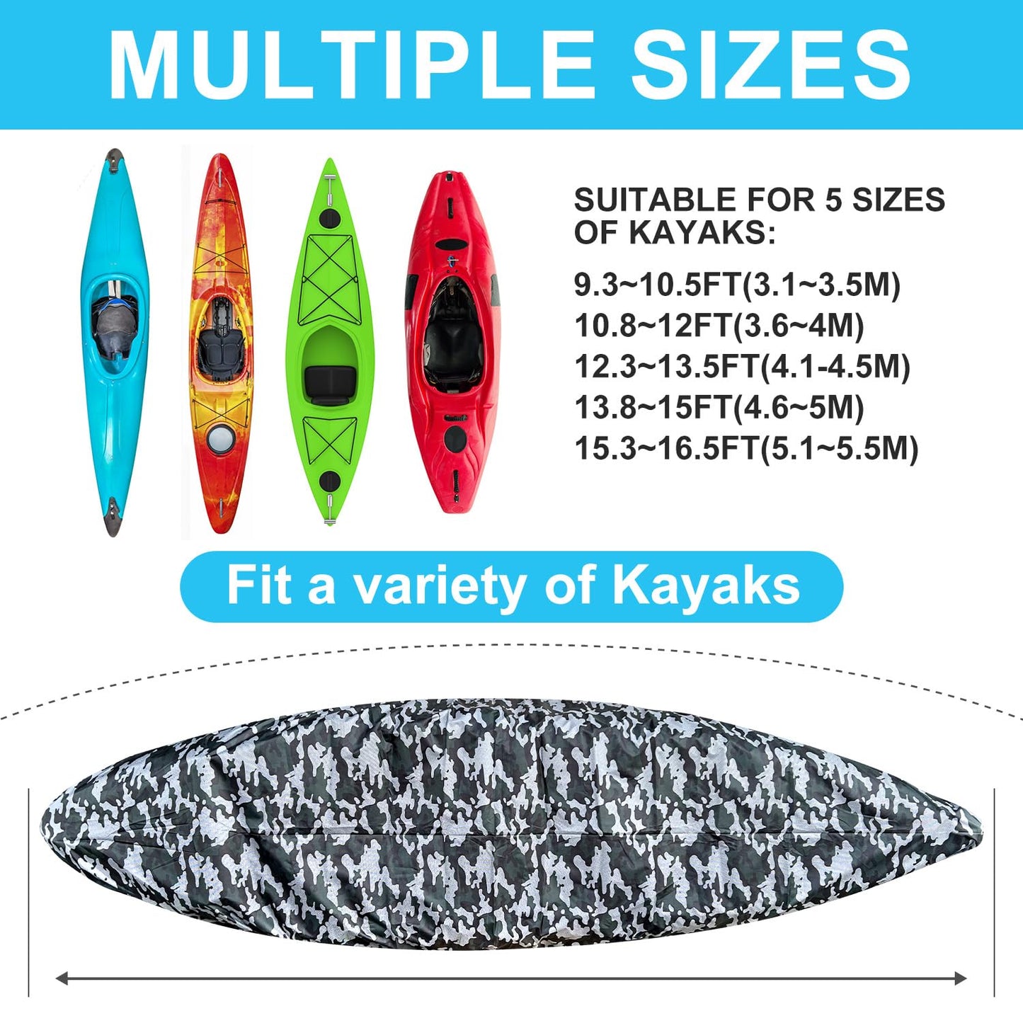 Kayak Cover, 420D Waterproof Kayak Covers for Outdoor Storage, Ultra Strong Canoe Storage Oxford UV Resistant Dust Cover Sunblock Fishing Boat Cover Shield Protector- Camouflage