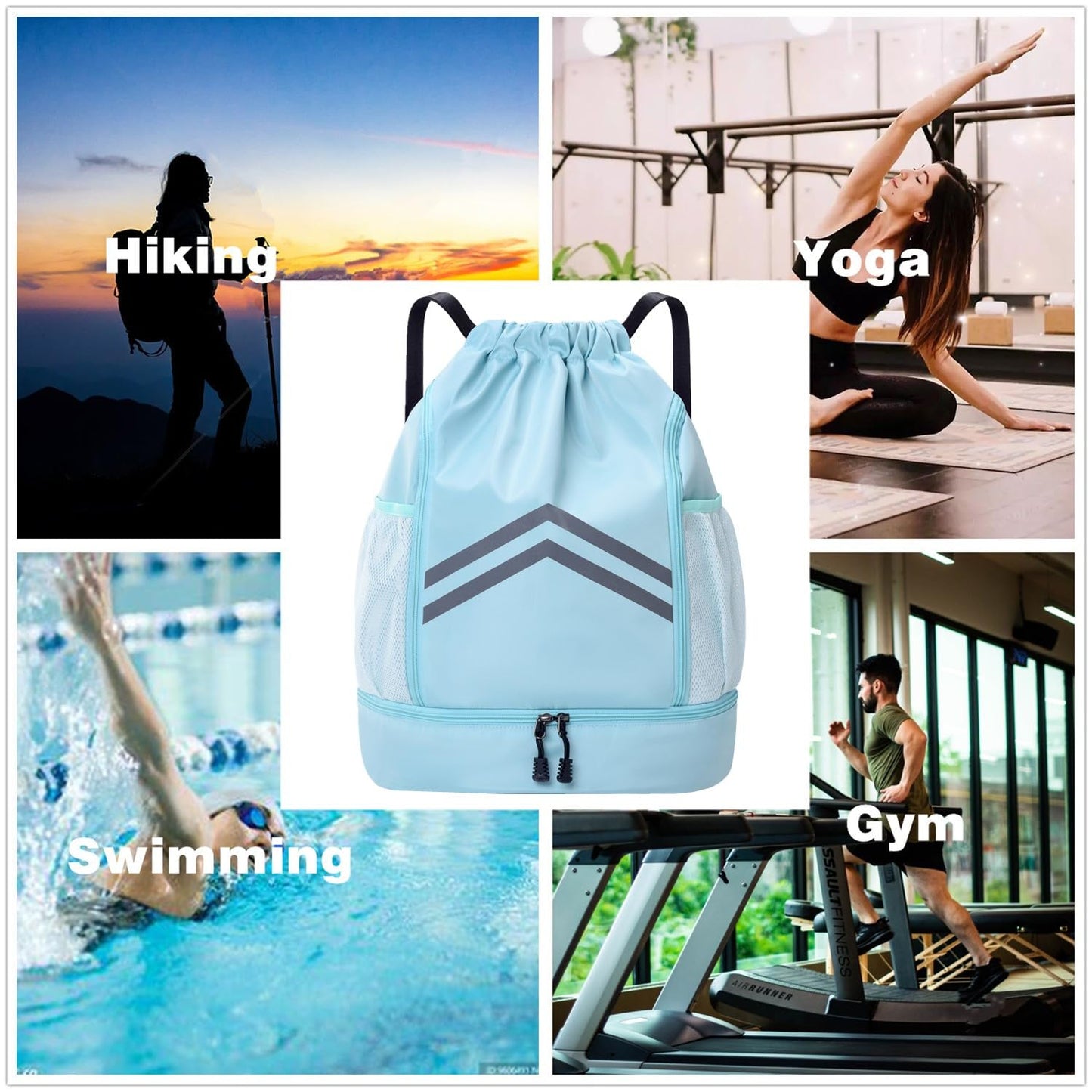 Gbateri Drawstring Backpack - Water Resistant Gym Drawstring Bags with Shoes Compartment and Water Bottle Holder Pockets - String Cinch Bag - Draw String Back Pack with Zipper for Men and Women (Grey)