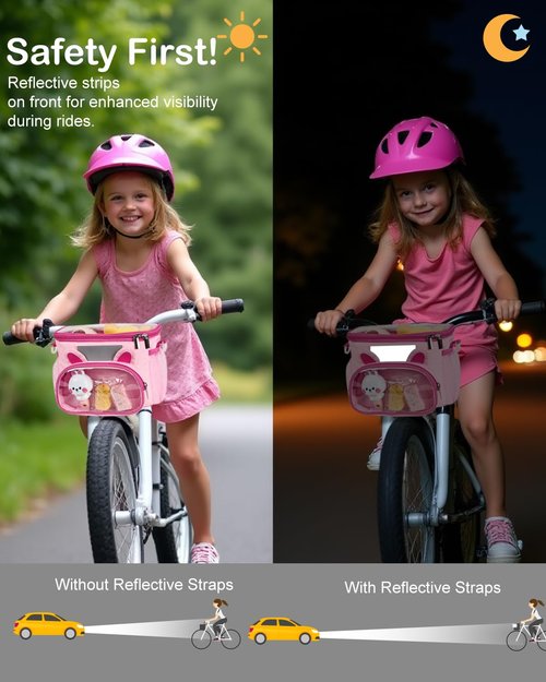 Kids Bike Basket, Front Handlebar Bicycles & Scooter Basket, Kid Ride Basket Bag with Detachable Strap for Girls, Boys, Toddlers - Clear Lid, Adjustable Straps, Cute Ear Design