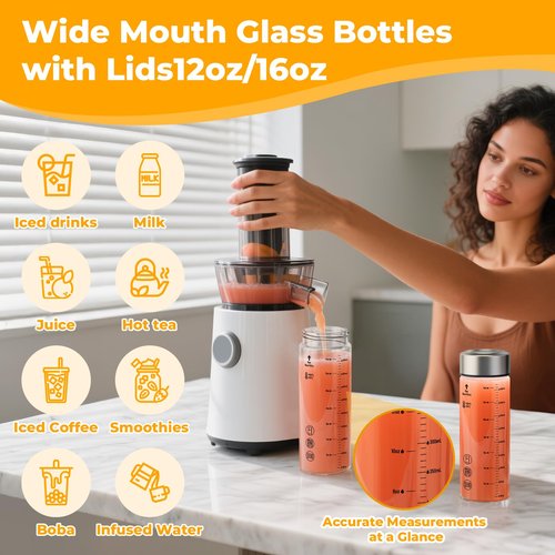 12 oz Glass Juice Bottles – 4 Pack Wide Mouth Bottles with Stainless Steel Lids – Leakproof, BPA Free, Heat-Resistant Borosilicate Glass for Juicing, Smoothies, Milk, Protein, Beverage Storage