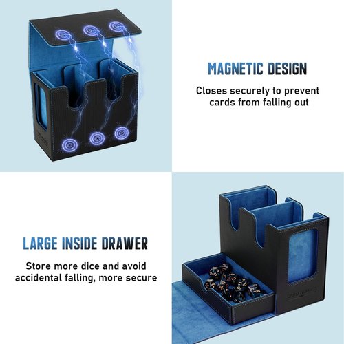 TiMOVO MTG Deck Box, MTG Commander Card Deck Box with Commander Display & Dice Tray Fits 400+ Unsleeved Cards, Leather Magnetic Card Storage Case with 6 Dividers for TCG CCG Magic Cards, Black+Blue