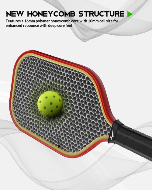 Warping Point Rhythm Carbon Fiber Pickleball Paddle, 16mm Core with 10mm Cell Size for Extra Rebounce, Elongated Structure for Two-Handed Shots, Durable Friction Surface Enhances Spin & Power, Red