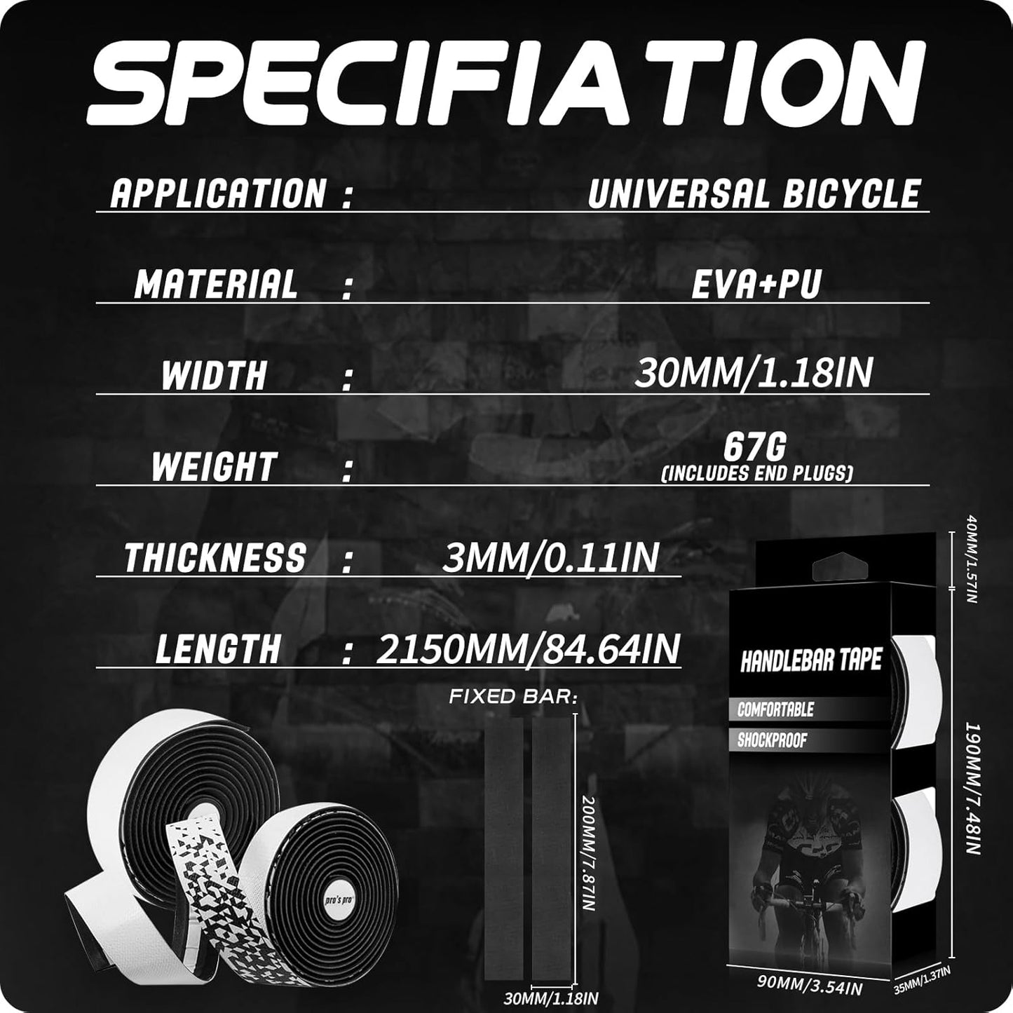 2pcs Bicycle Bar Tape, Bike Handlebar Tape, Road Bicycle Handlebar Tape, Cycling Grip Tape, with 4pcs Handlebar End Plugs, Soft Comfortable, Wear Resistant, Black
